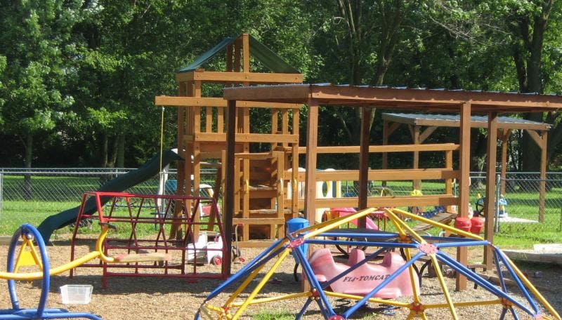 Playground with wooden playset, slide, and climbing dome