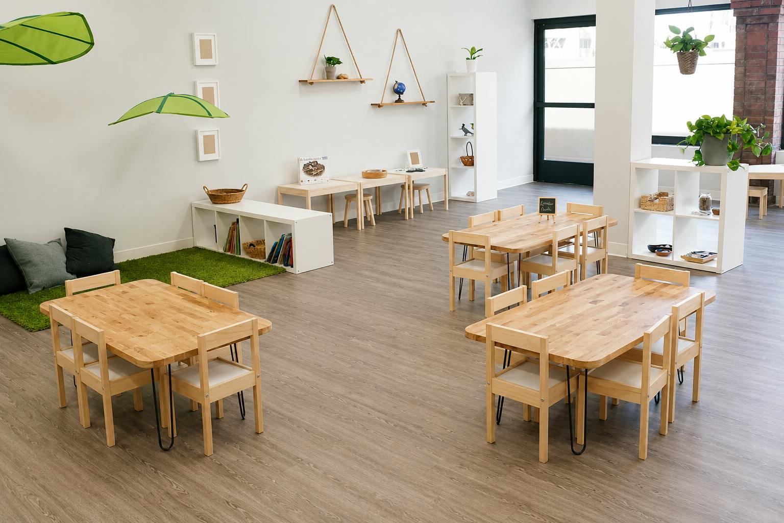 Classroom with wooden tables and chairs and shelving units