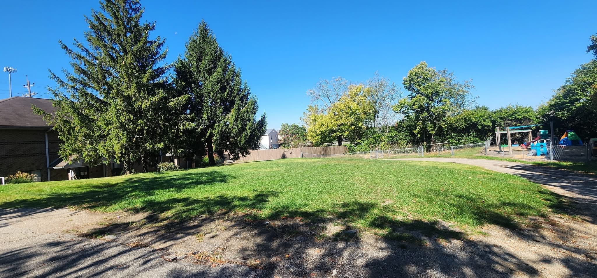 Grassy lawn with large evergreen trees and a playground area in the distance