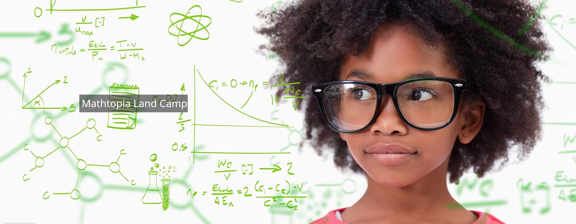 Child wearing glasses with Mathstopia Land Camp text and math equations