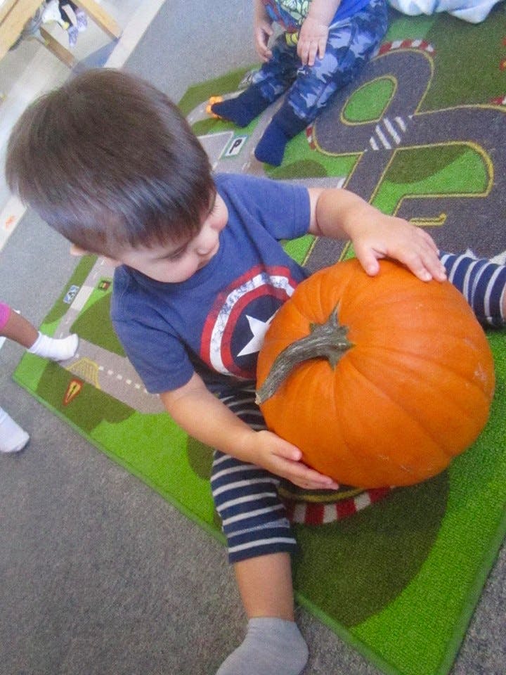 Child holding a pumpkin
