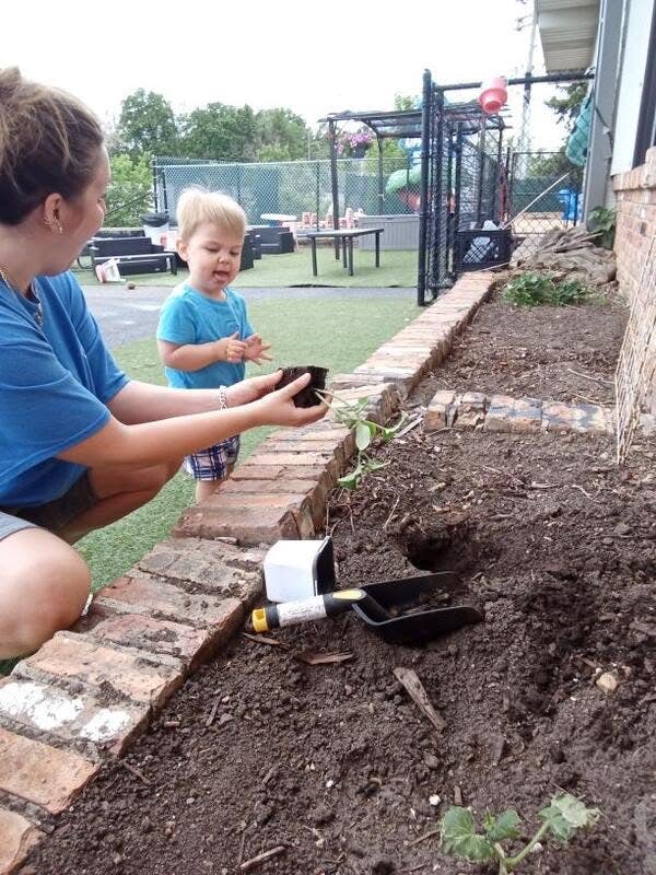 A person and a child planting a seedling in a garden bed