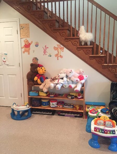 White fluffy dog on wooden stairs with toys and stuffed animals below