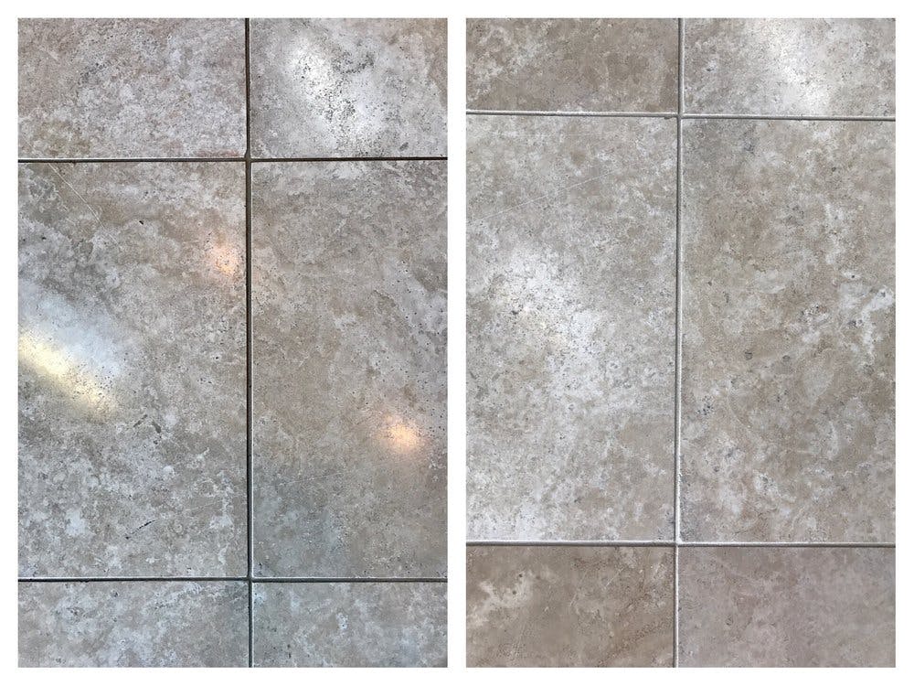 Two panels of gray and brown square tiles with grout lines