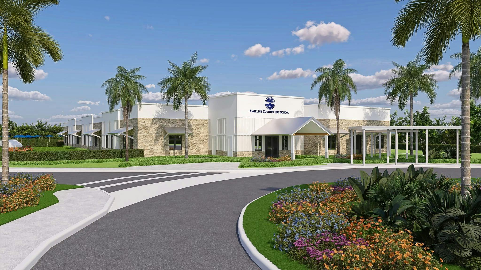 Exterior view of Angeline Country Day School with palm trees and landscaping