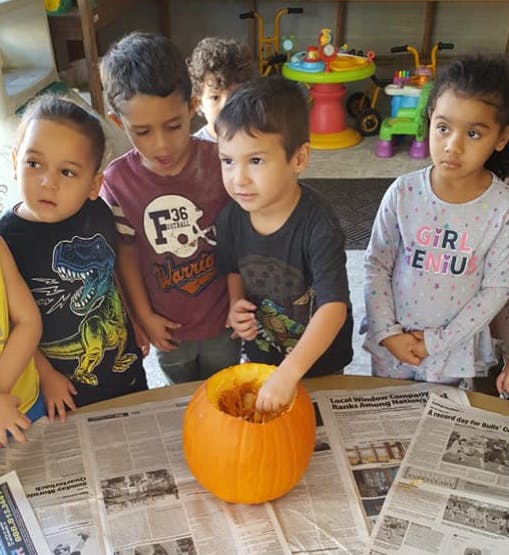 Children gathered around a pumpkin, one child reaching inside