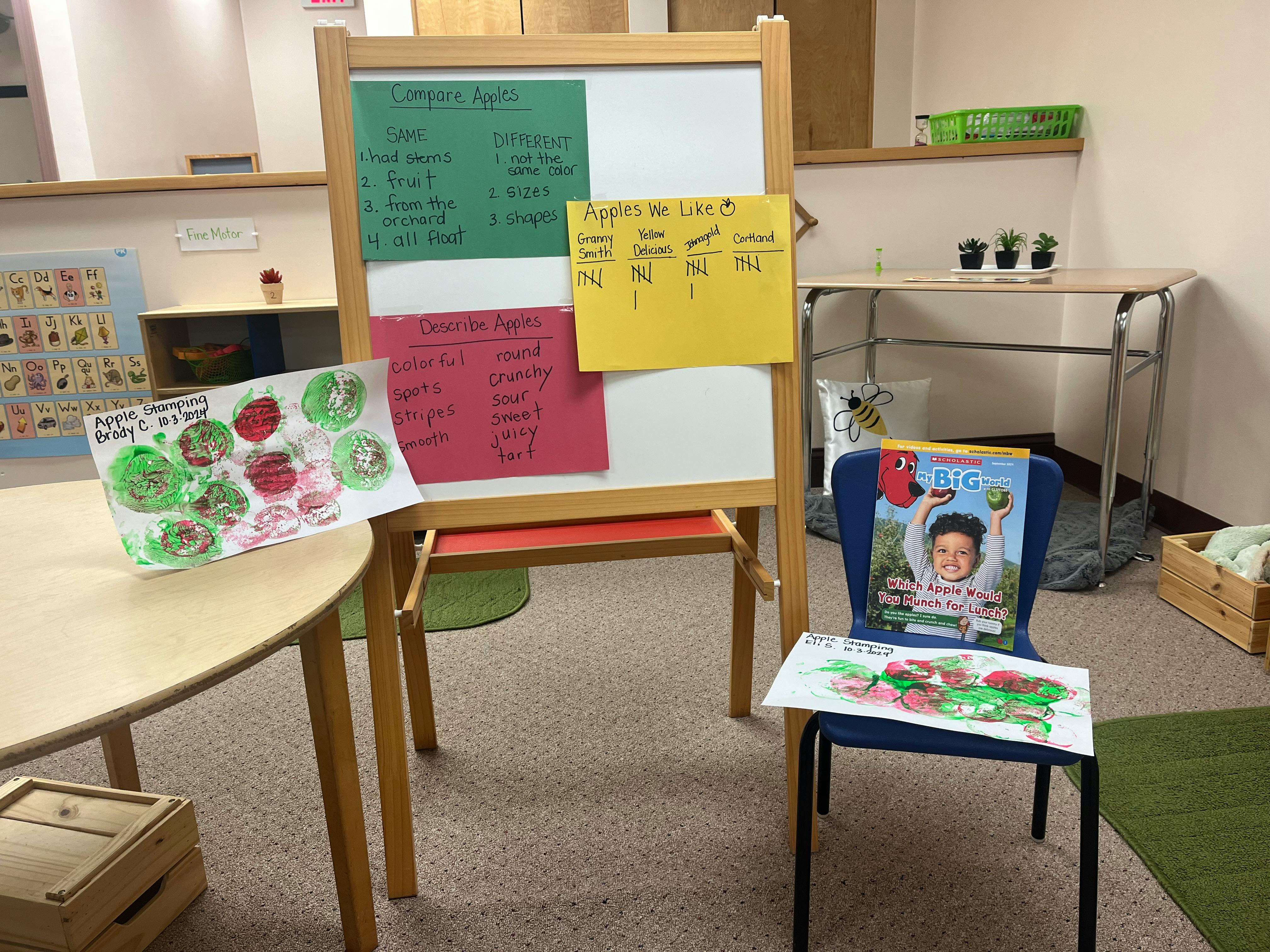 Easel with papers, table with artwork, and chair with book in a classroom