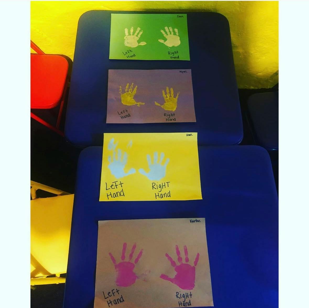 Four pieces of paper with handprints and text "Left Hand" and "Right Hand"