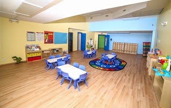 Empty classroom with small tables and chairs