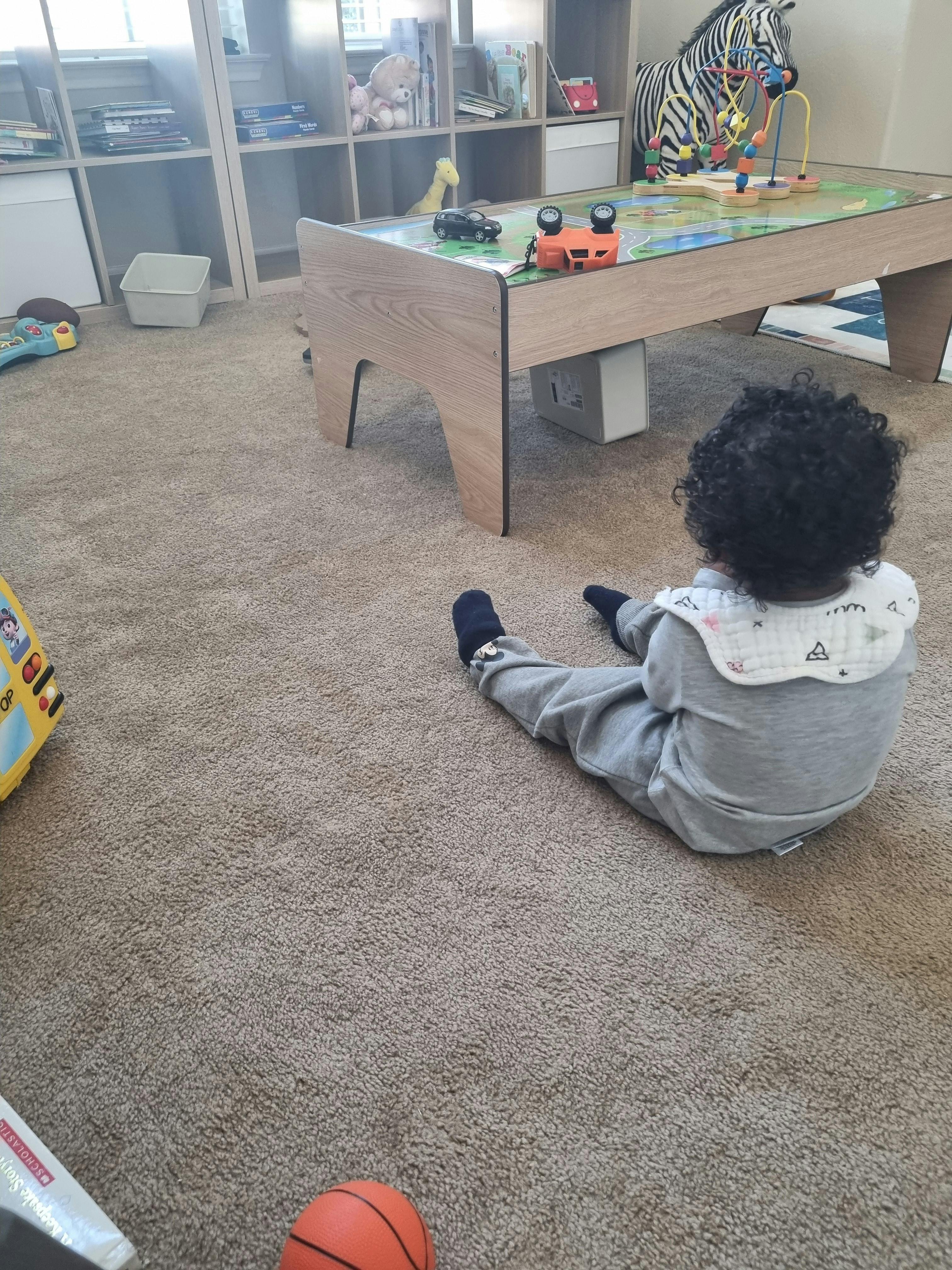 Child sitting on a carpeted floor facing away from the camera