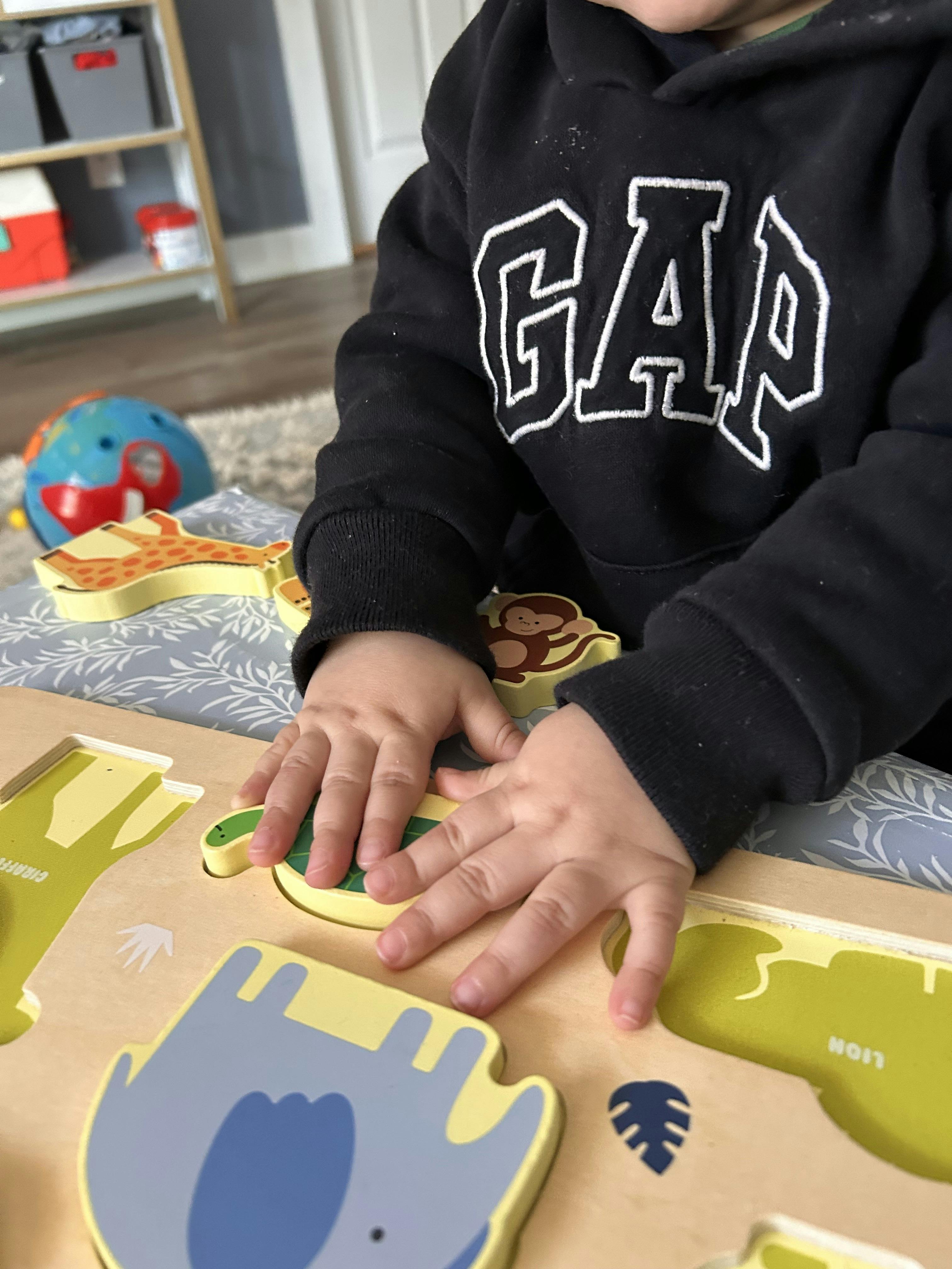 Child playing with a wooden animal puzzle