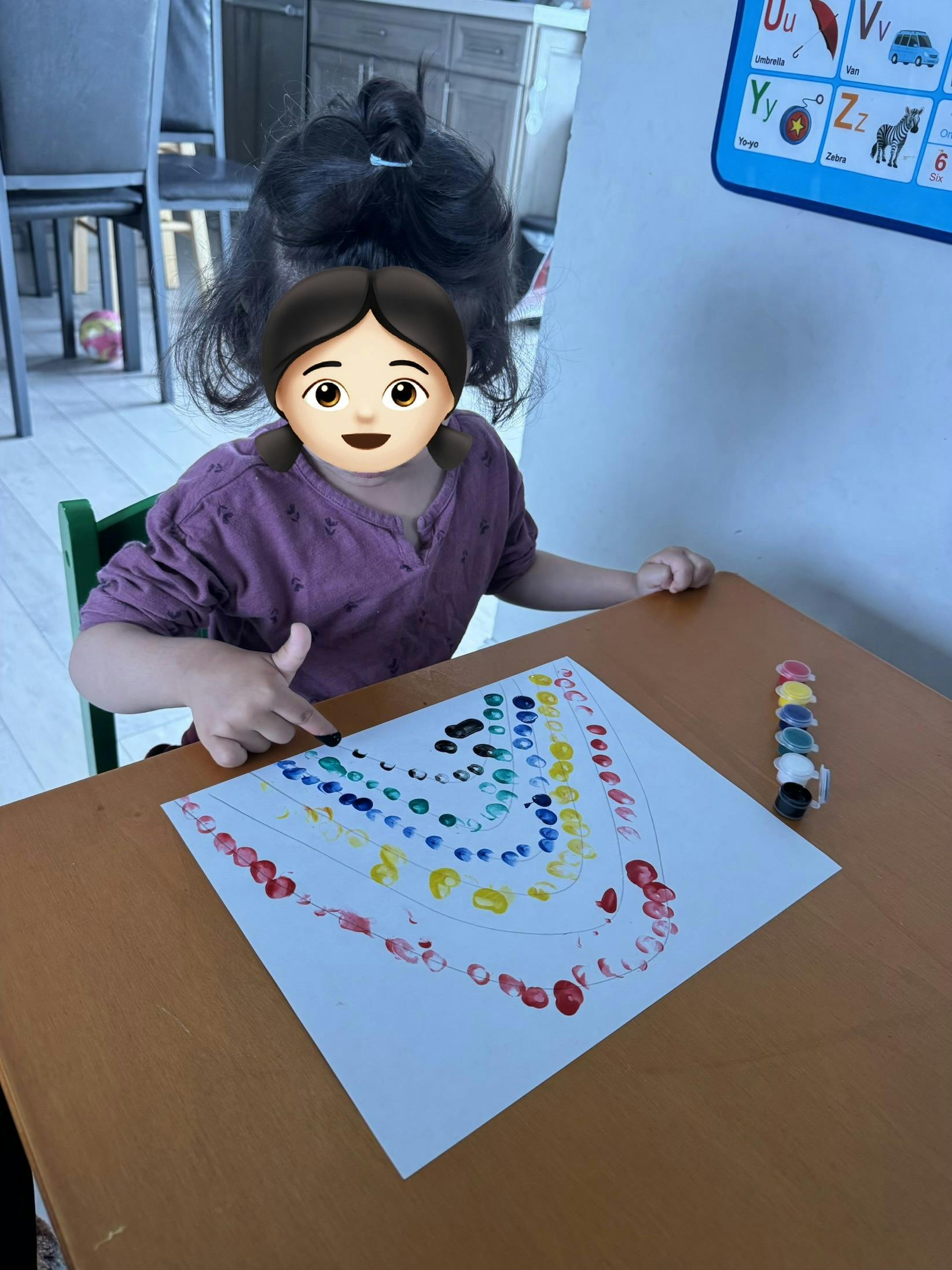Child finger painting colorful dots on a sheet of paper