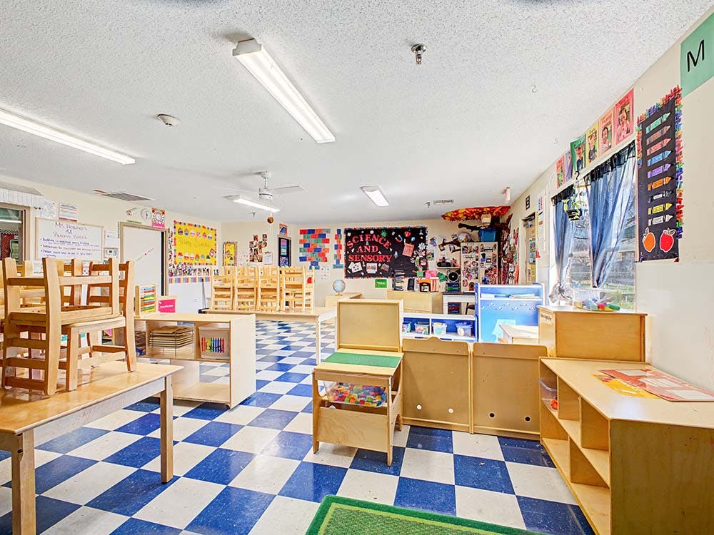 Empty classroom with small tables and chairs, science and sensory posters