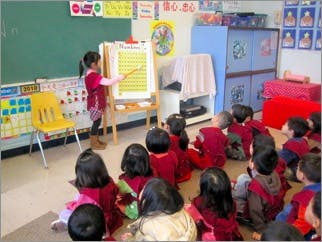 Child pointing at a chart in front of seated children in a classroom