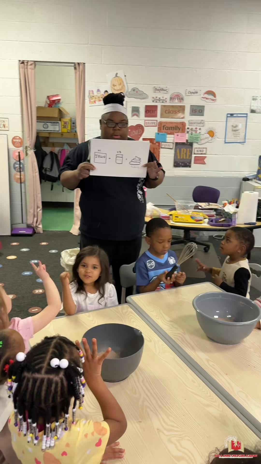 A person holding up a sign with Jell-O instructions to children in a classroom