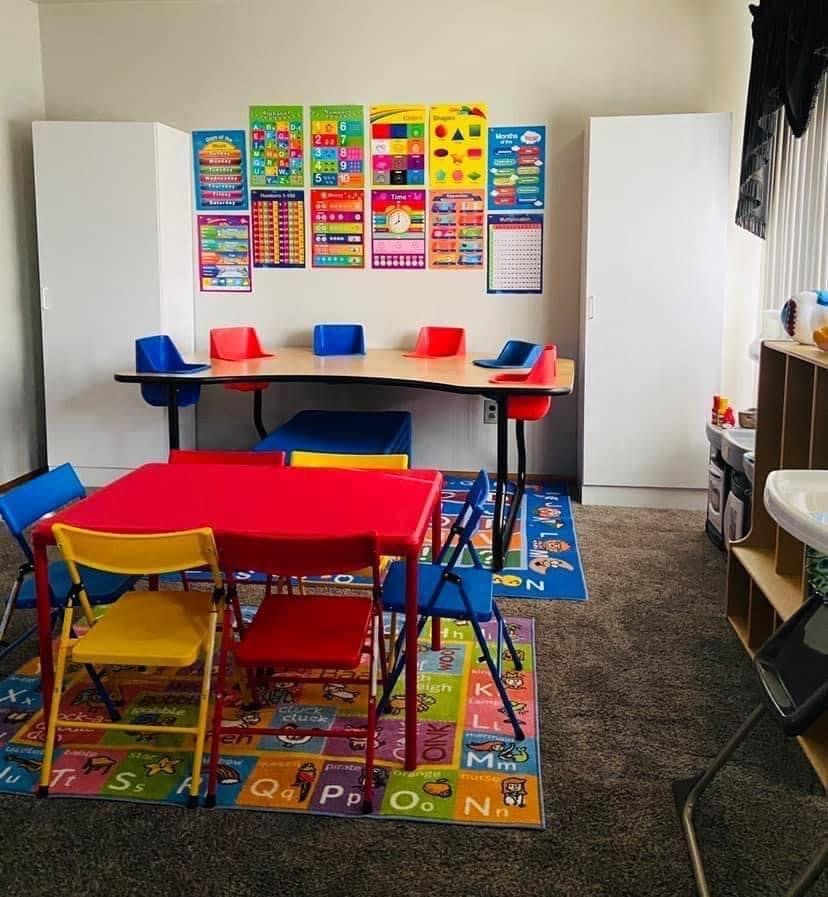 Classroom with colorful tables, chairs, and educational posters on the wall