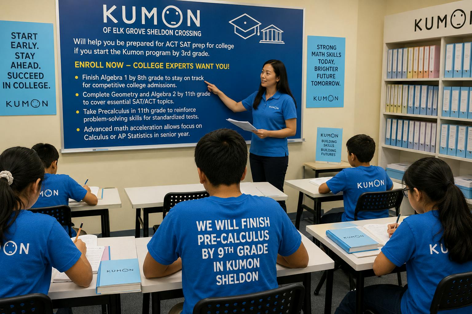 Instructor pointing to an information board while students study in a classroom