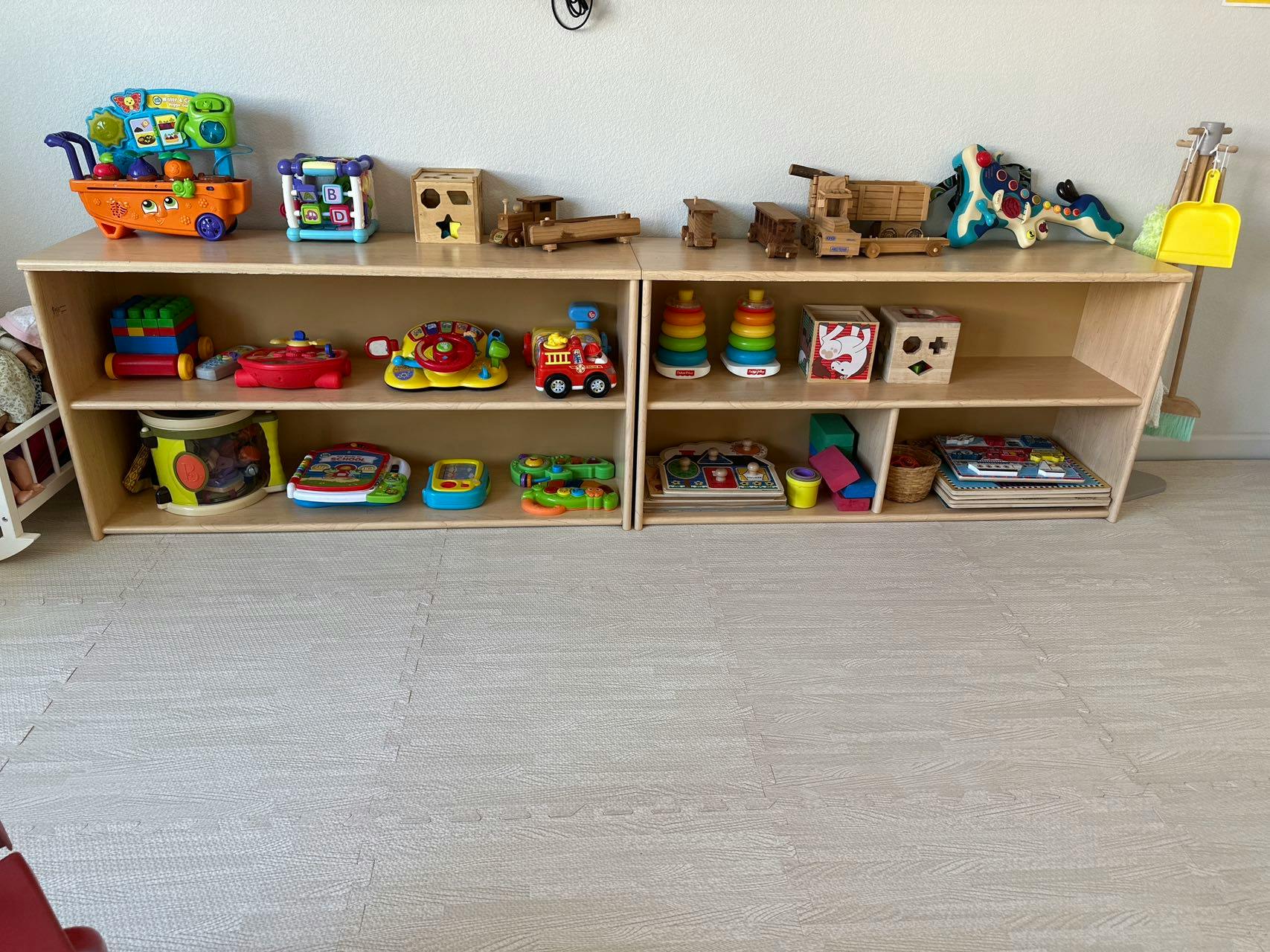 Shelves filled with various toys and children's items