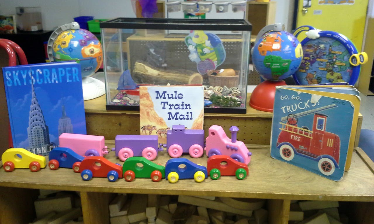 Children's books, wooden toy cars, and a small animal habitat