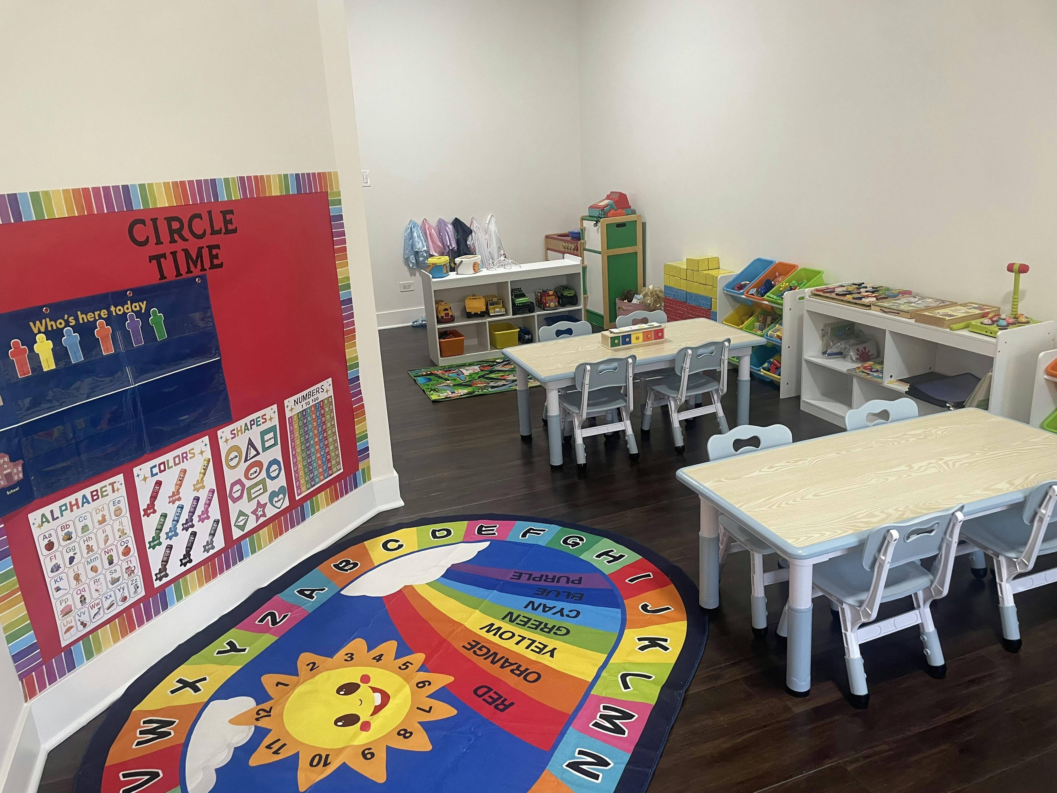 Classroom interior with small tables and chairs for children