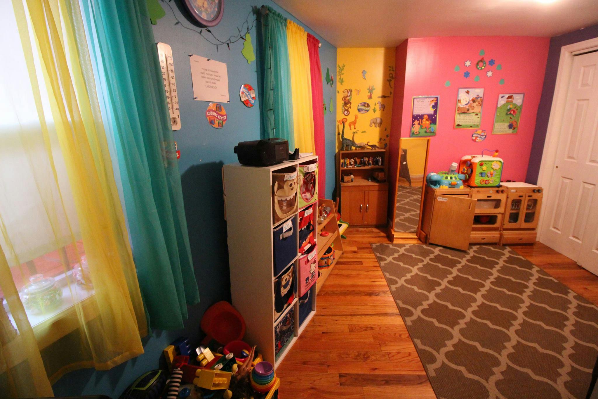 Colorful room with a storage shelf, wooden floor, and patterned rug