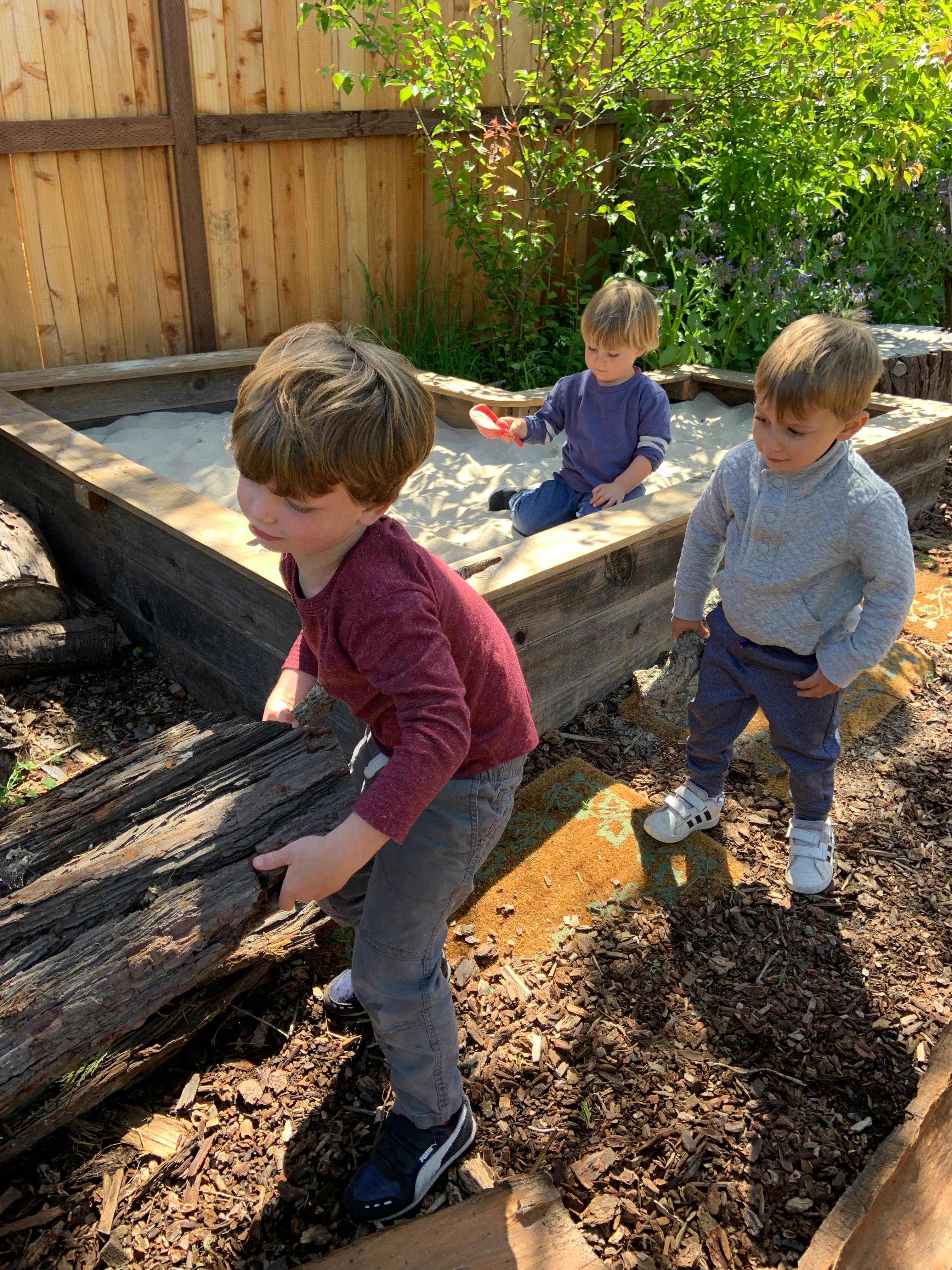 Three children playing outdoors, one carrying a log, two in a sandbox