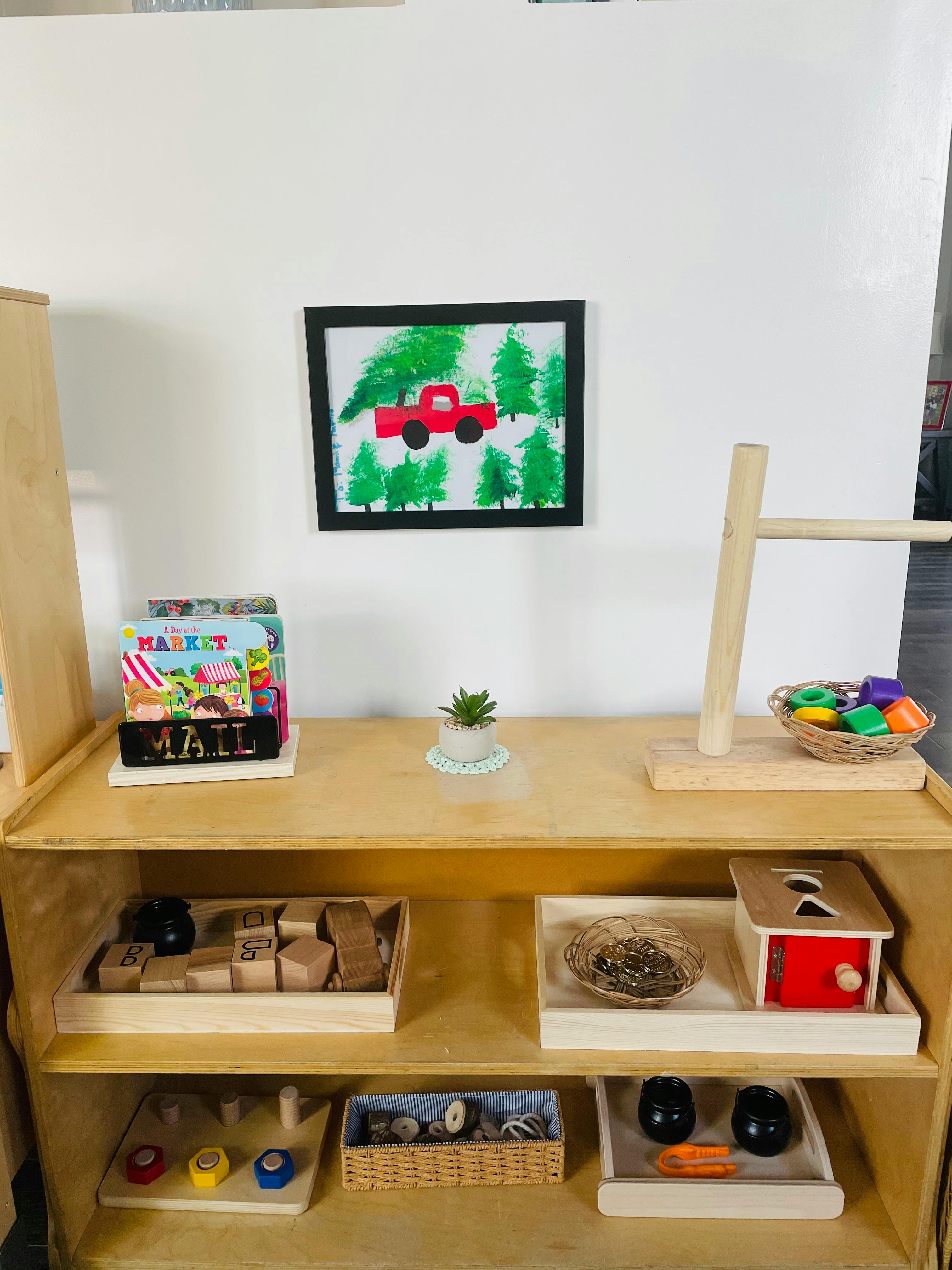 Classroom shelf with books, plant, and various learning materials