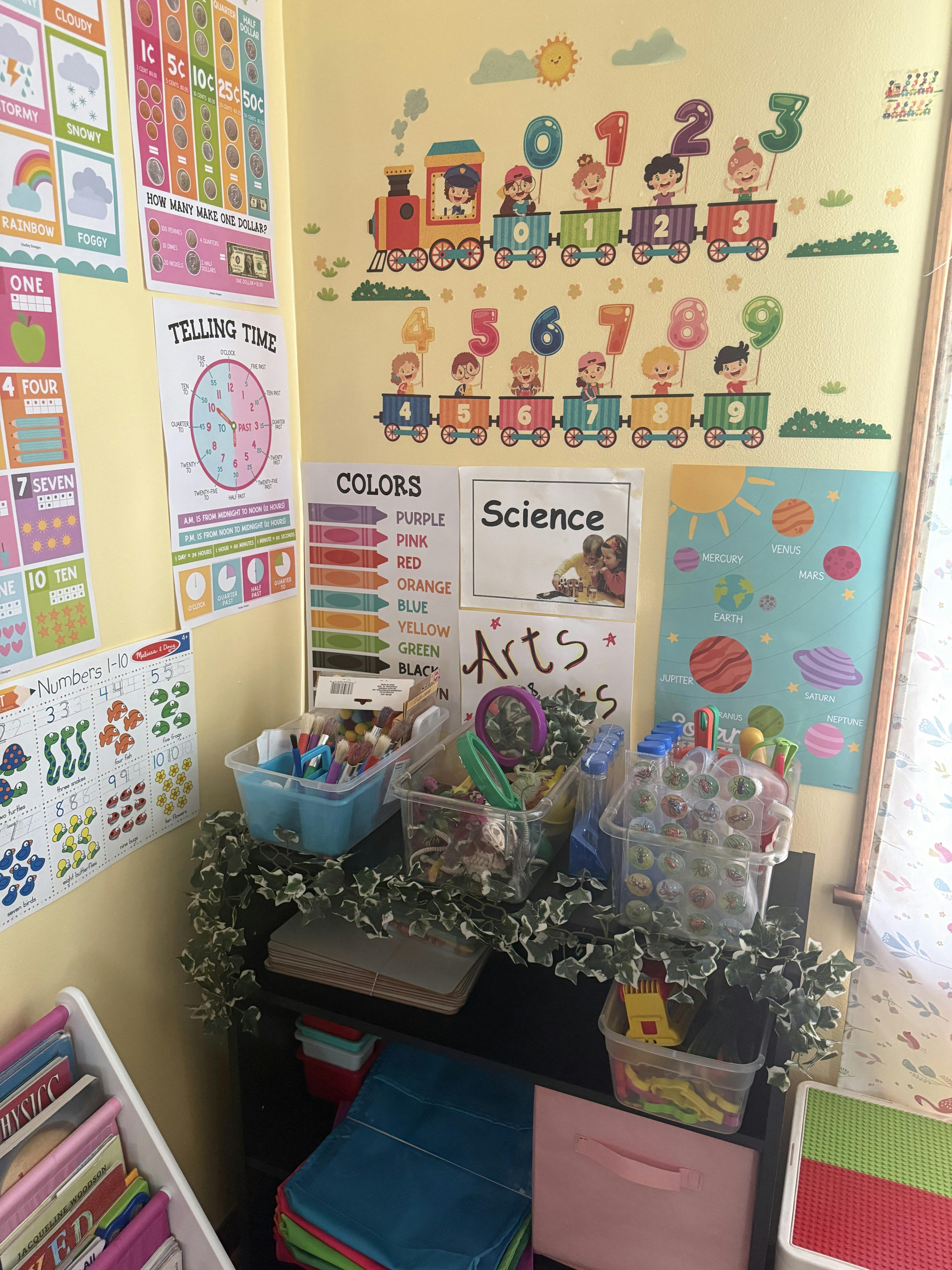 Classroom wall with educational posters and art supplies