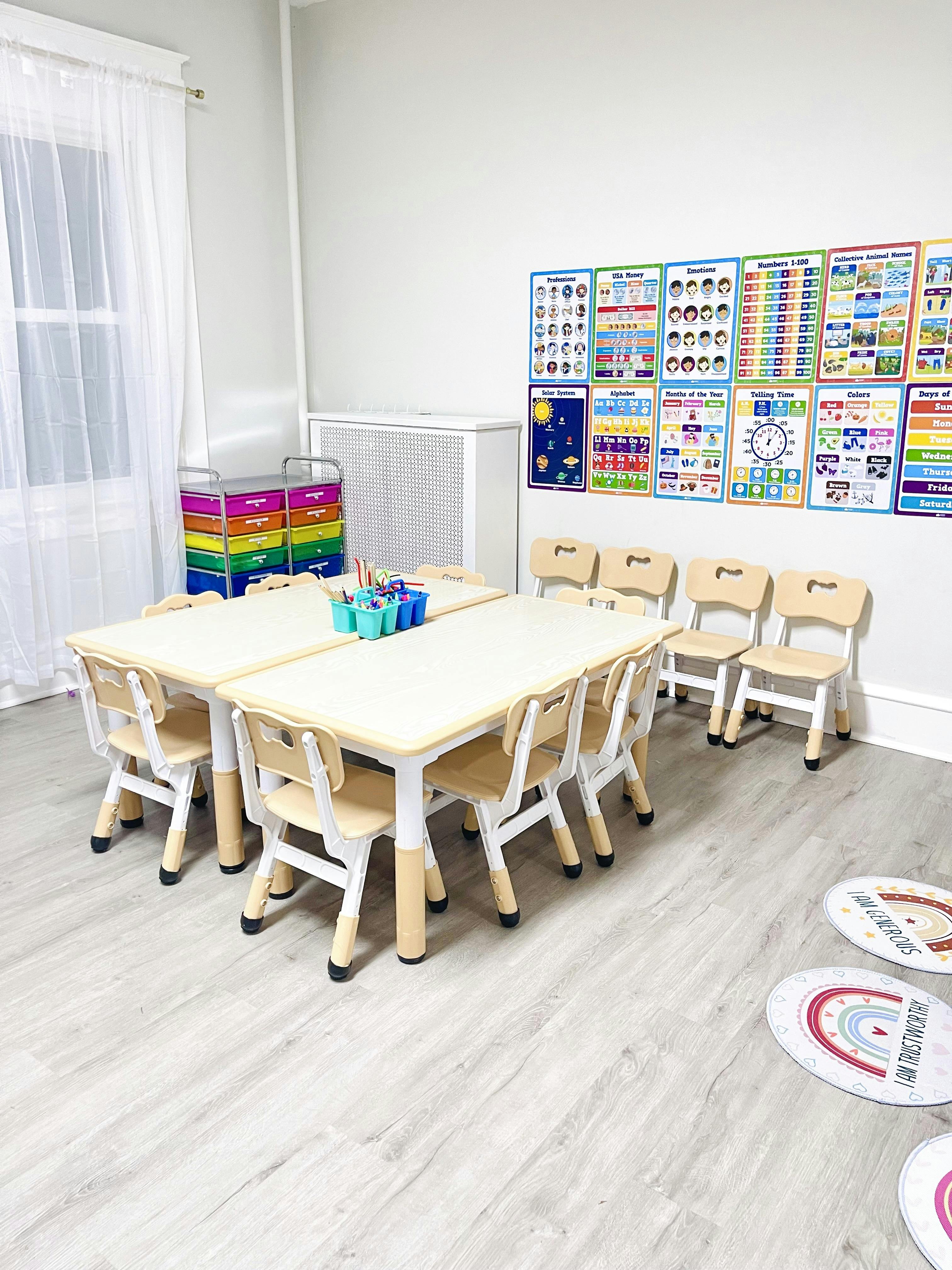 Classroom tables and chairs with educational wall posters