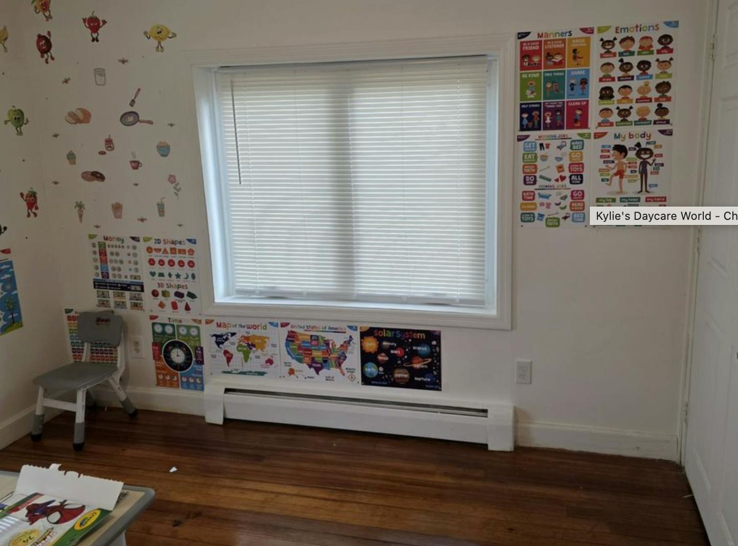 Classroom wall with educational posters including world map and solar system