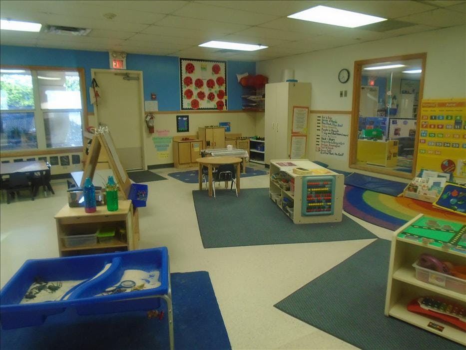 An empty early childhood classroom with various learning centers and play areas