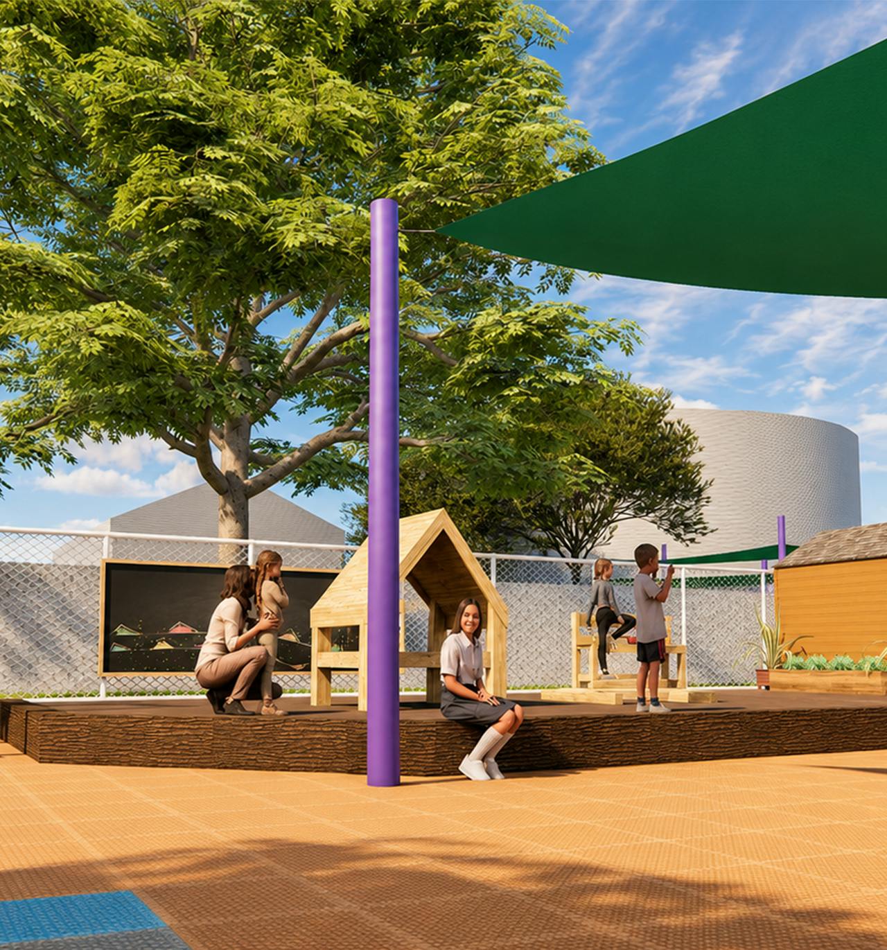 People on a wooden platform in a playground with a small play house