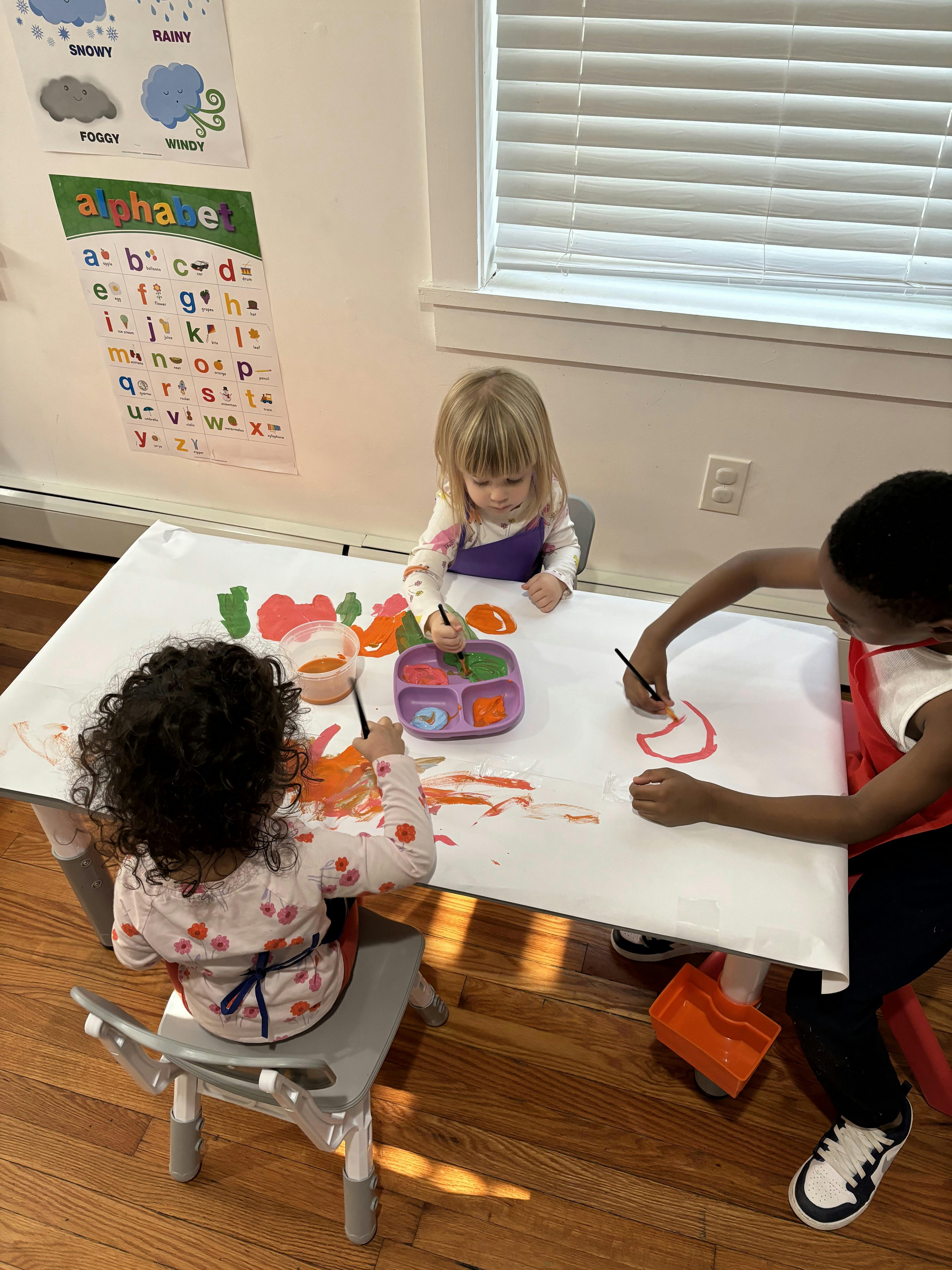Children painting together on a large sheet of paper at a table