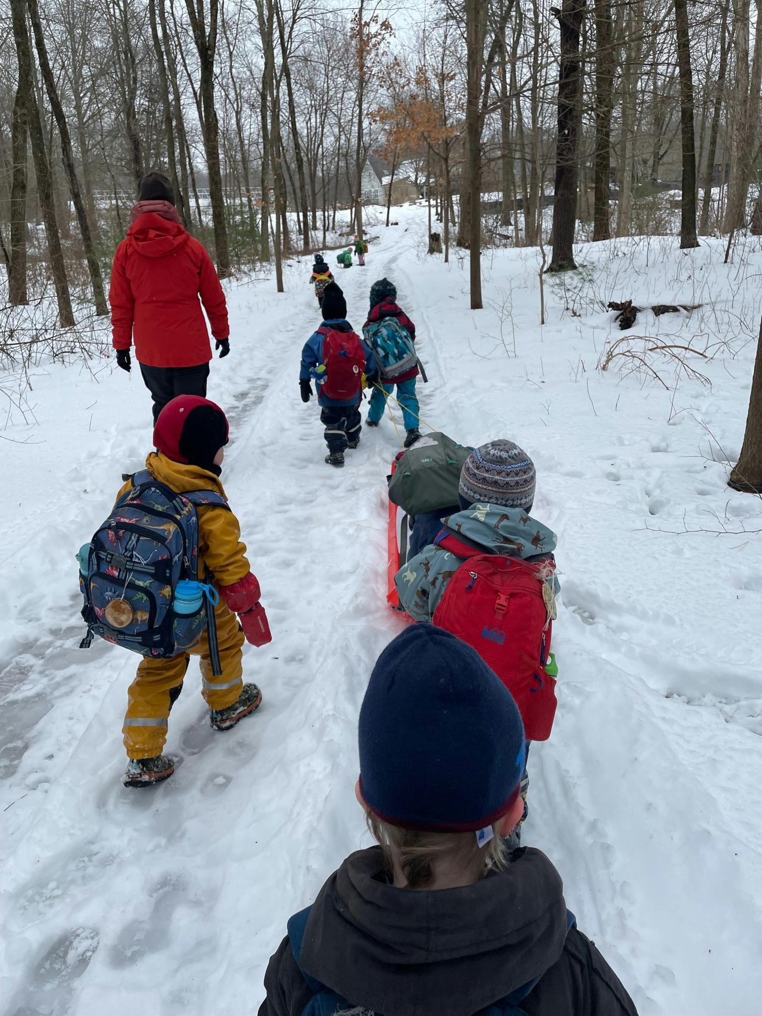 People and children walking on a snowy path in a wooded area