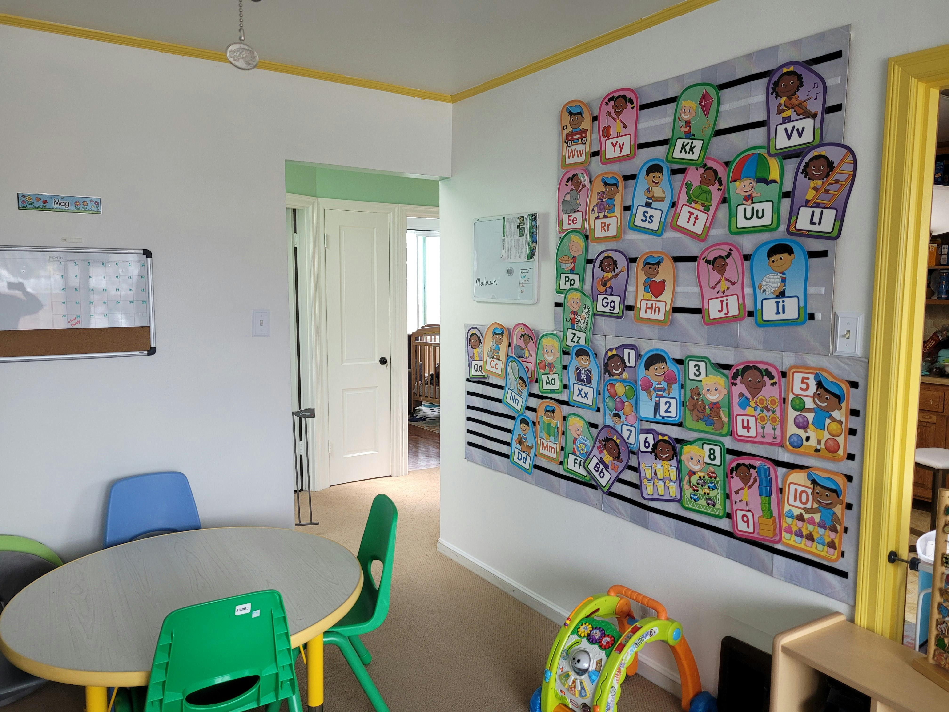 Classroom wall featuring alphabet and number educational wall charts