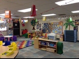 Empty classroom with colorful decorations and small furniture