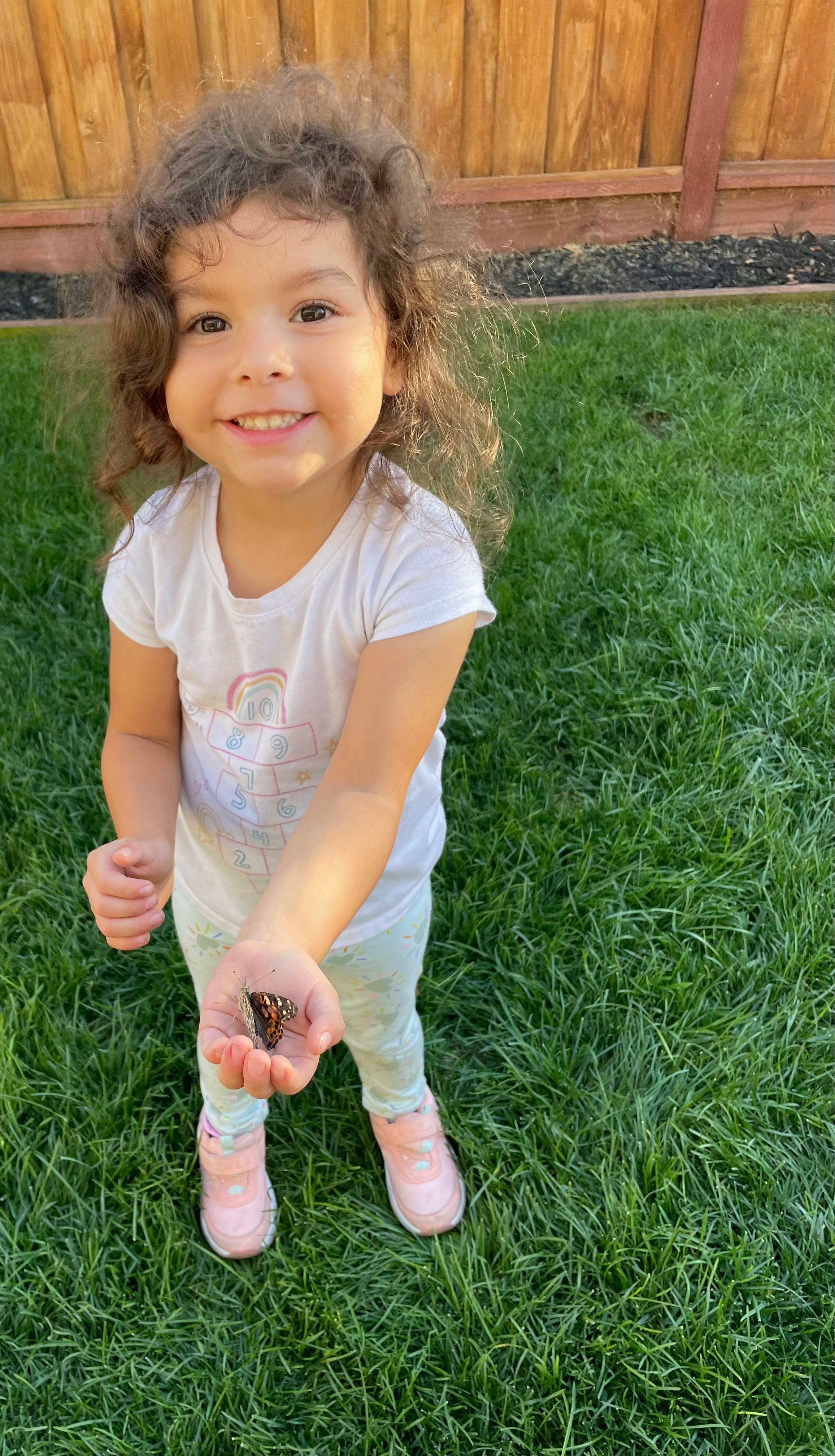 Child holding a butterfly in an open palm