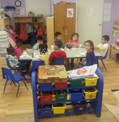 Children sitting at tables in a classroom