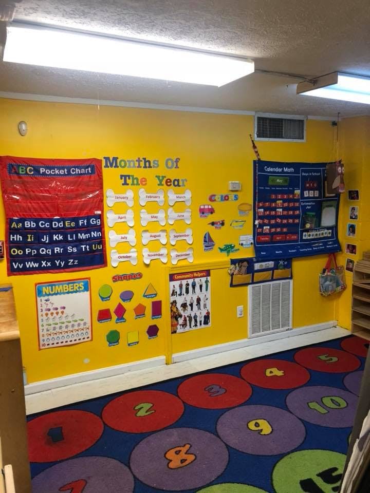 Classroom with yellow walls, educational charts, and a numbered rug