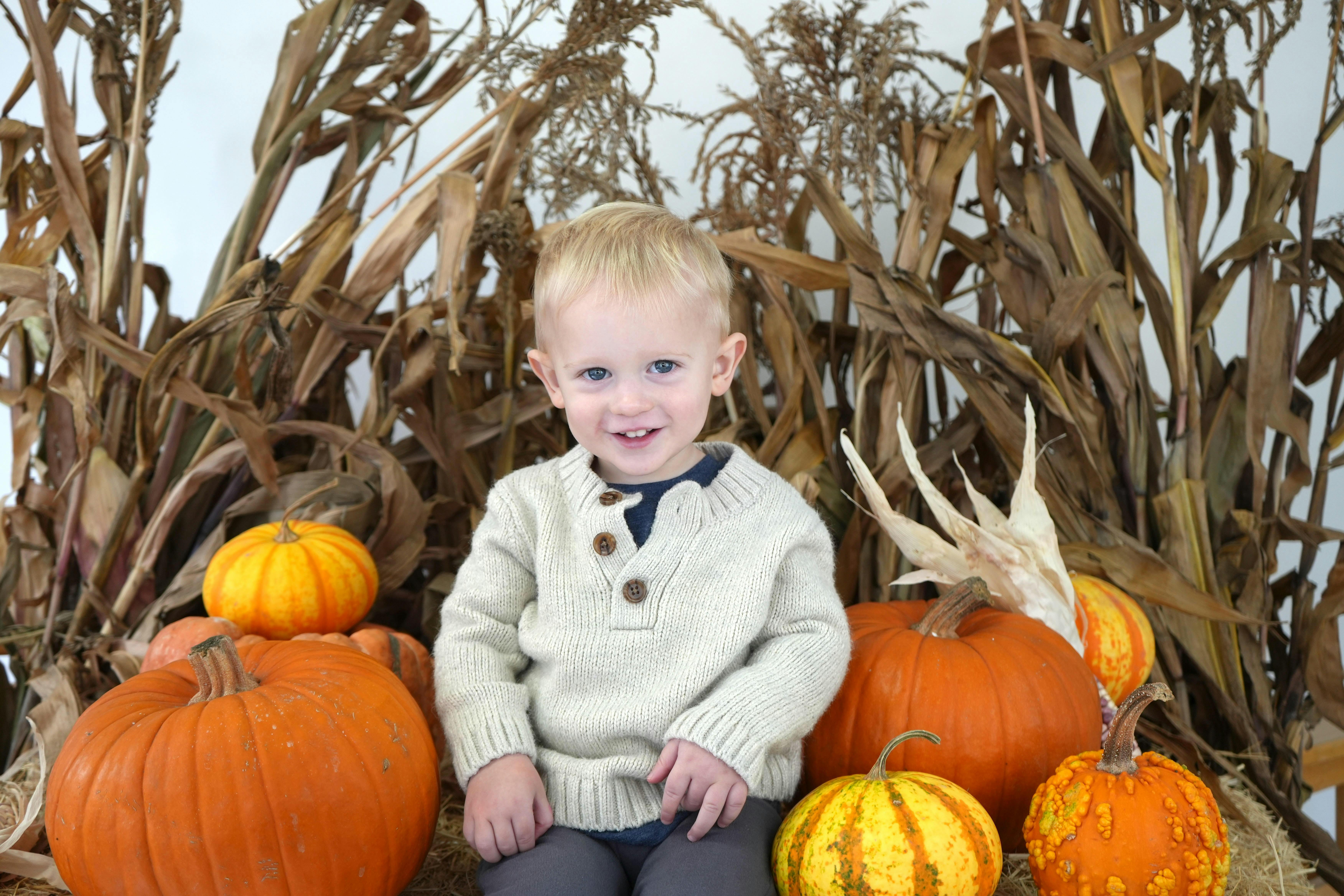Child sitting among pumpkins and corn stalks