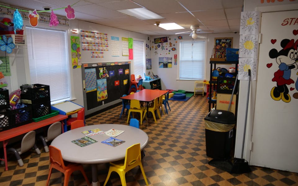 Classroom with small tables and chairs