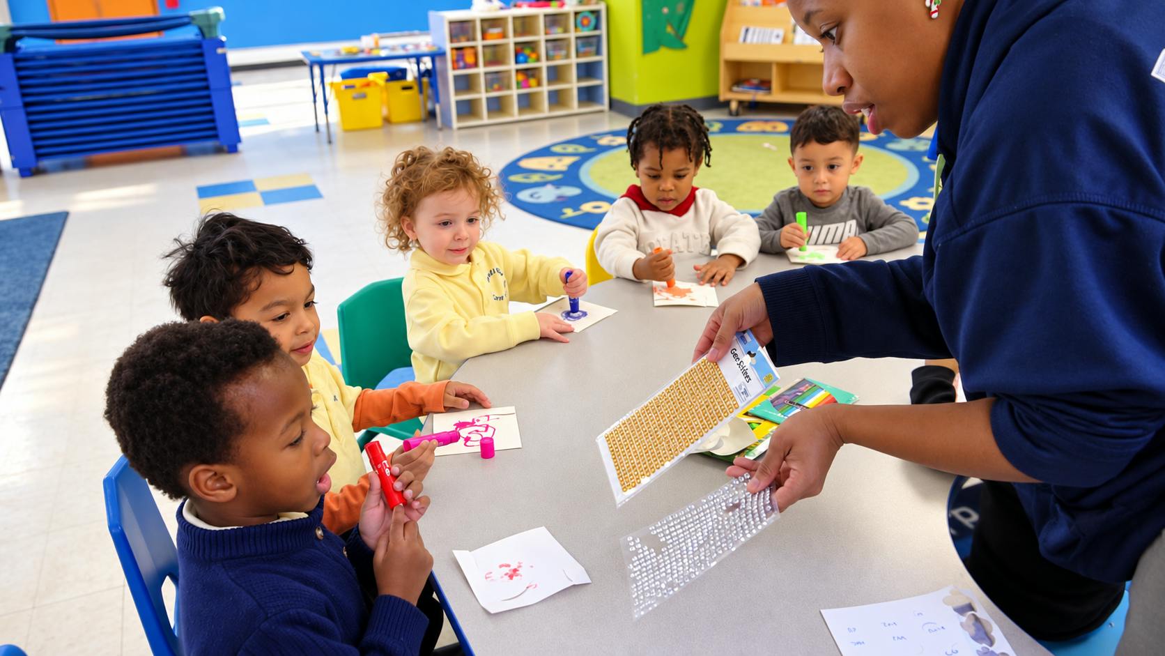 Teacher offering craft supplies to children at a table in a classroom