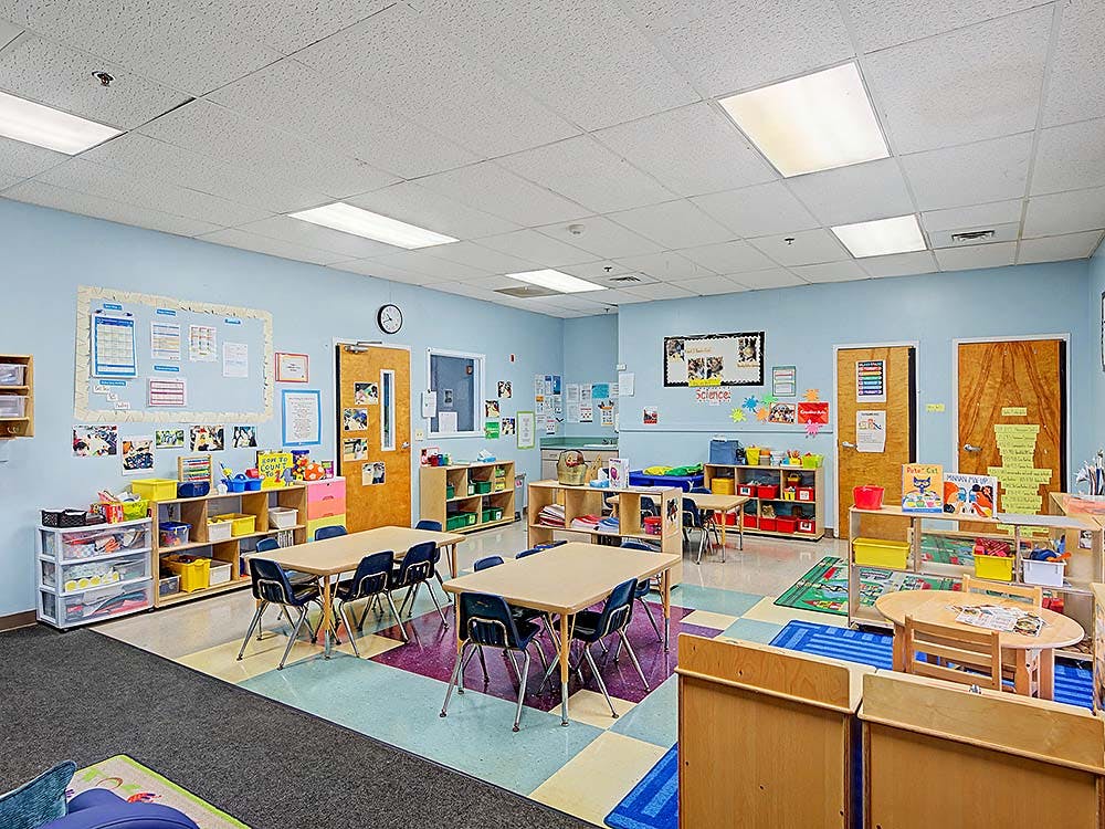 Classroom with tables, chairs, and learning materials