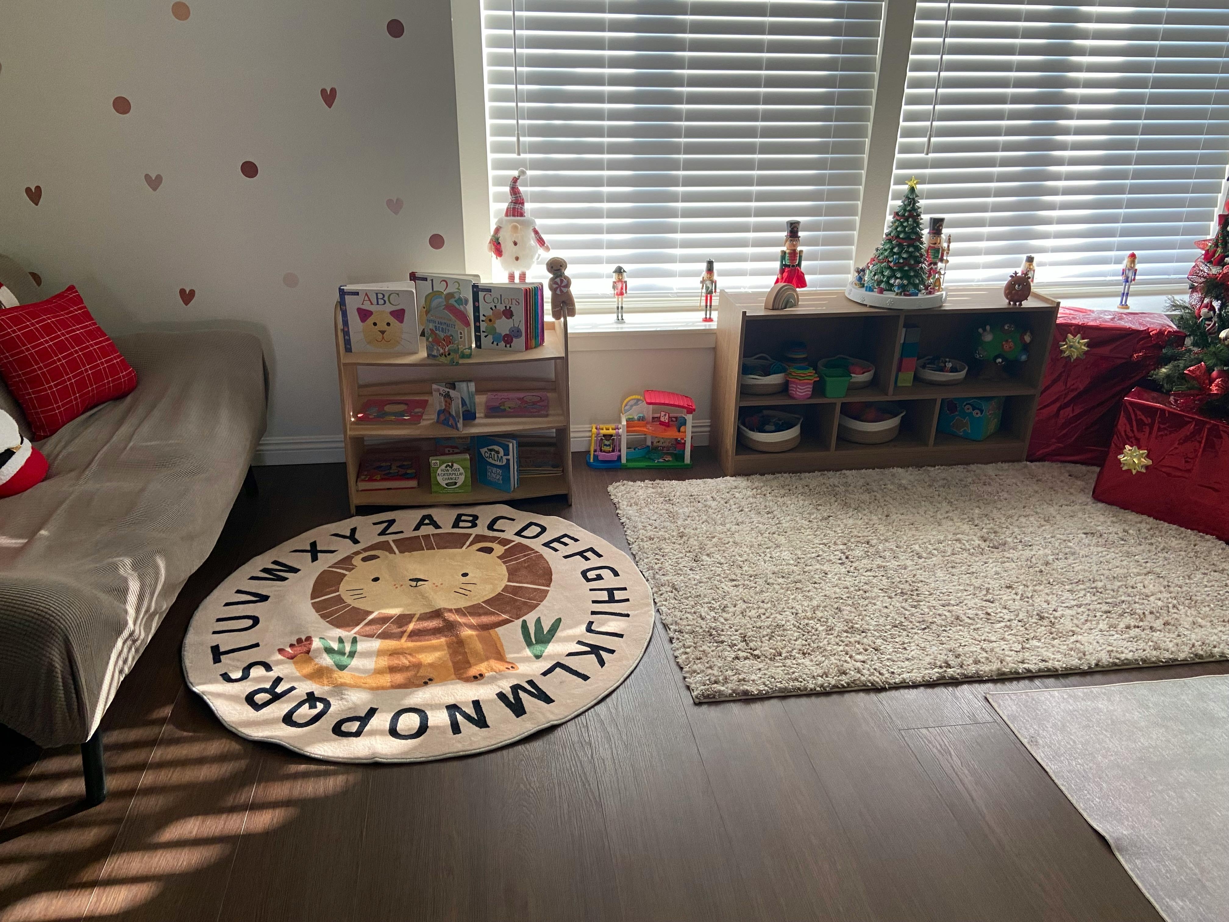 Child's playroom with books, toys, a lion alphabet rug, and window decorations