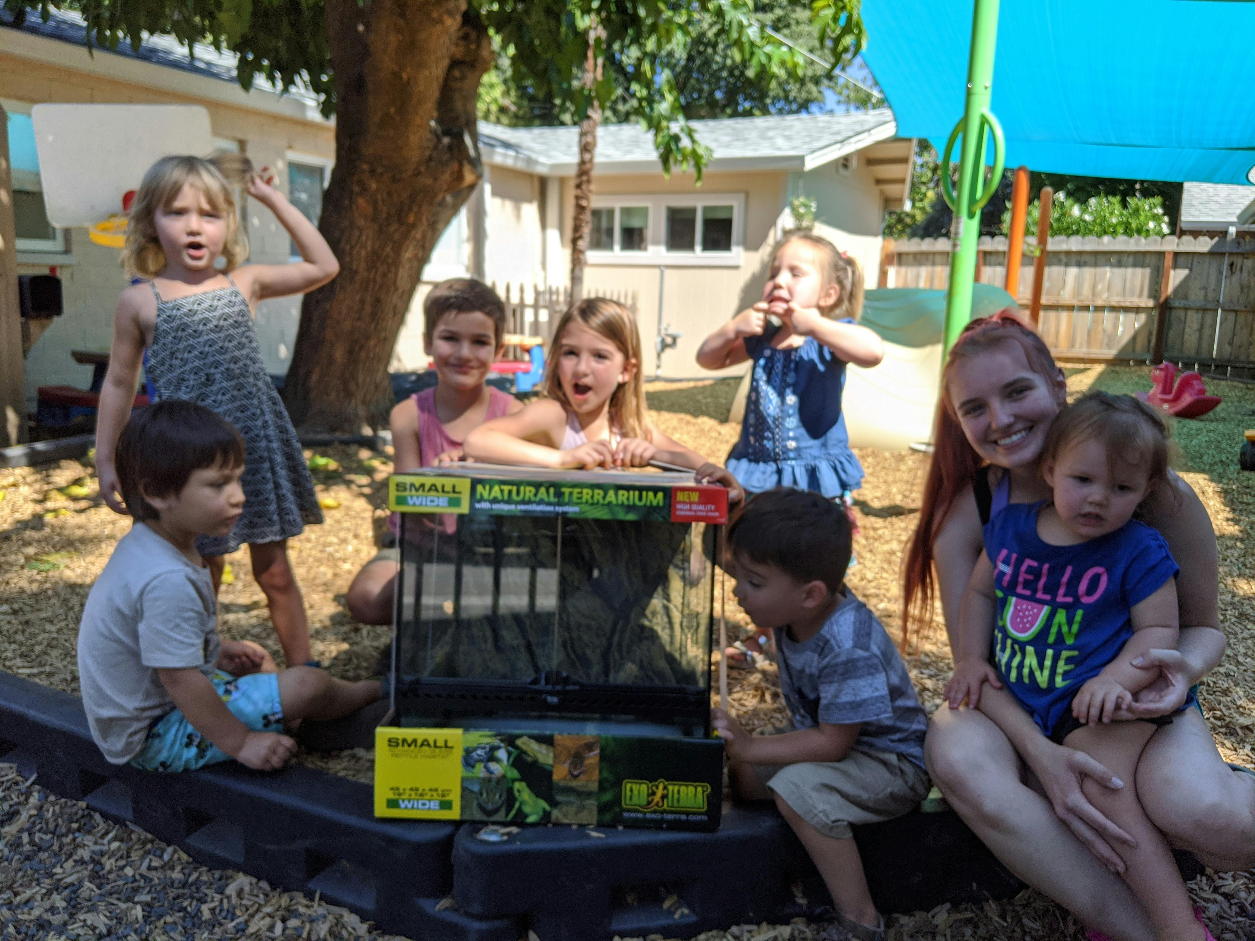 Adult and children gathered around a terrarium kit outdoors