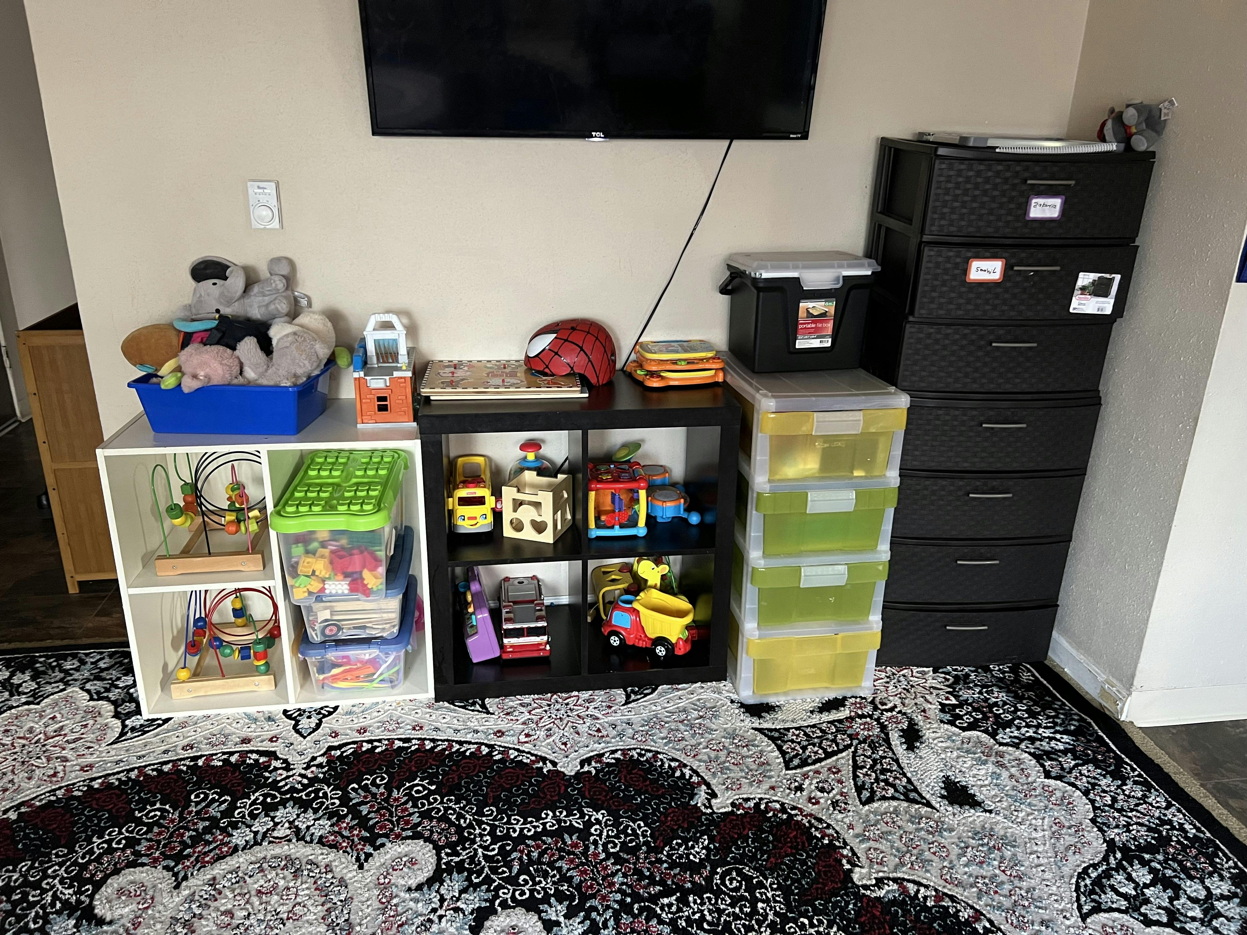 Shelves with toys and storage containers