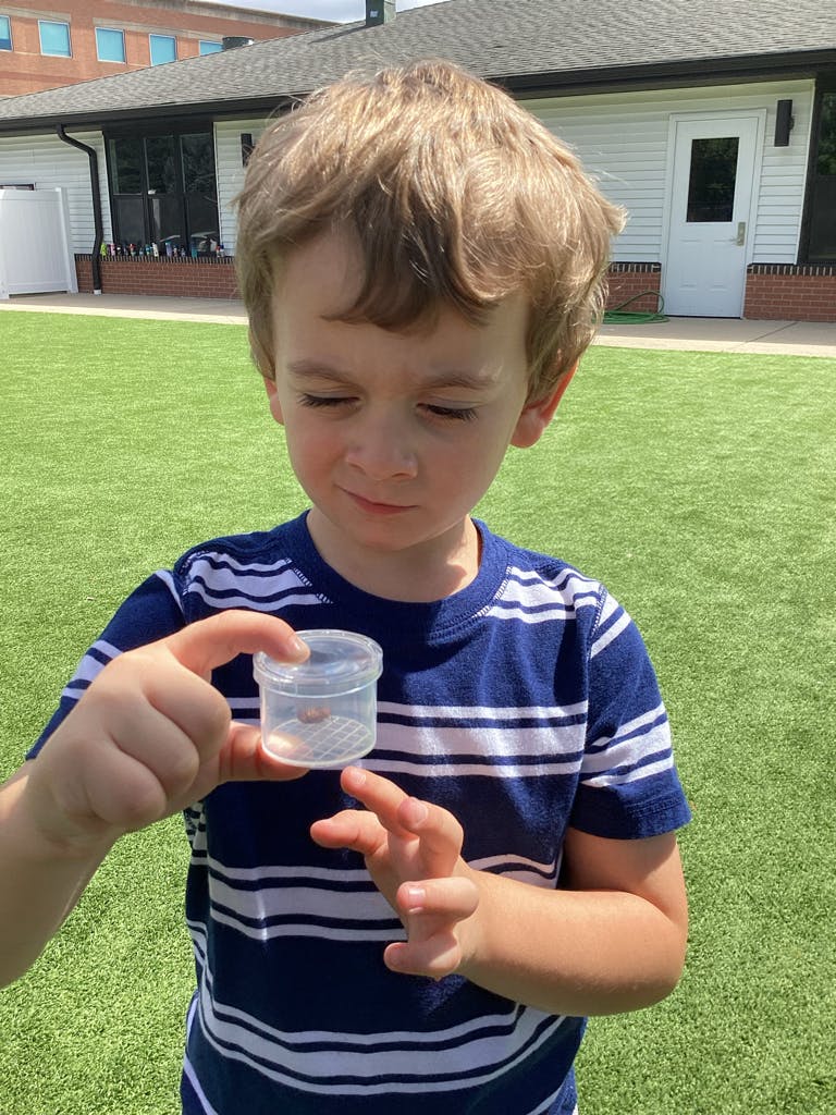 Child holding a small clear container outdoors