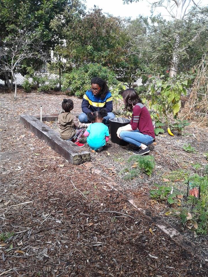 Two adults and two children working in a garden