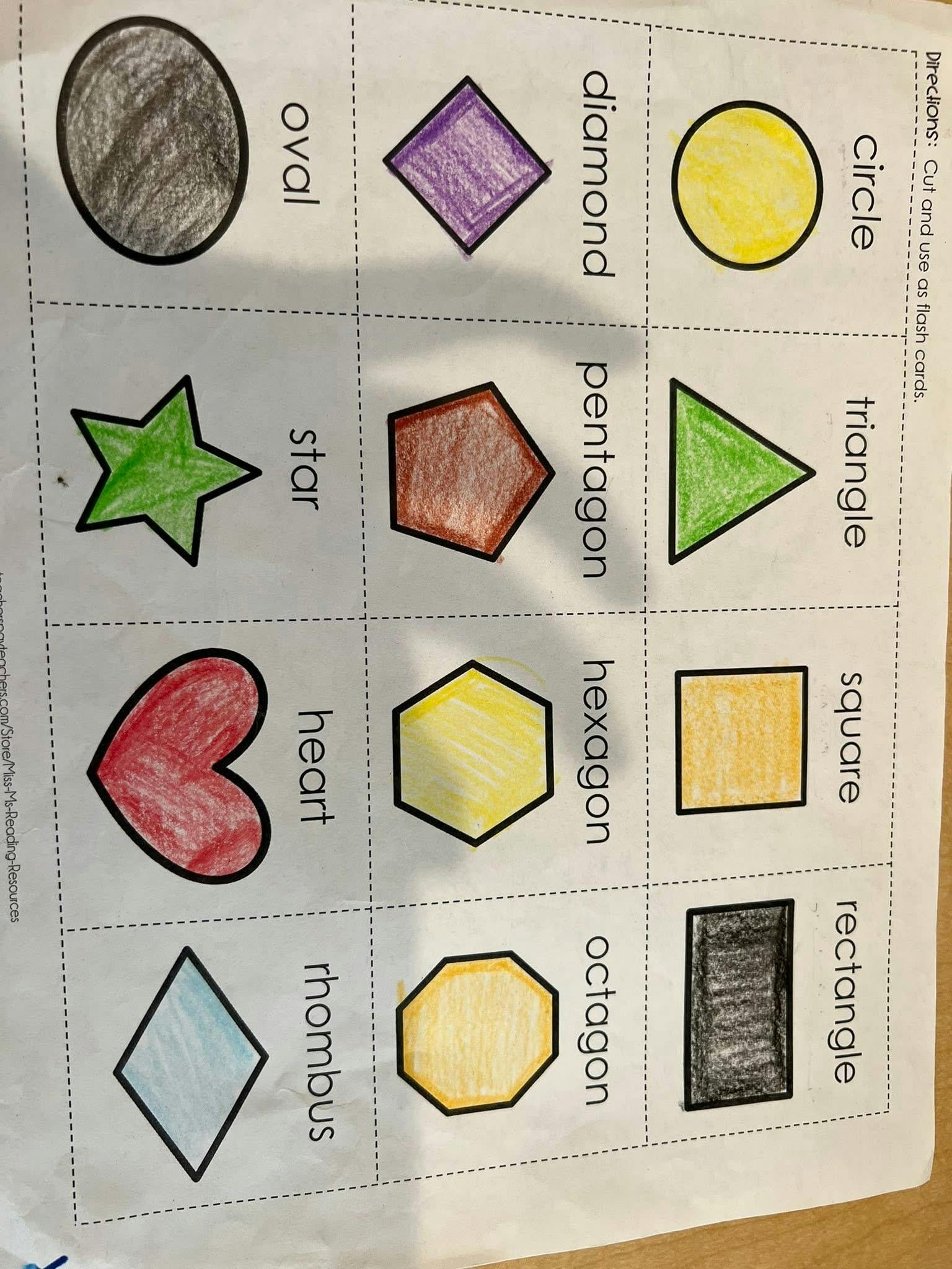 Educational worksheet of colored shapes with their names for flash cards