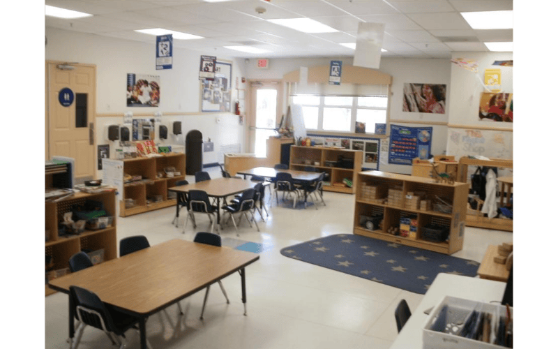 Classroom with child-sized tables and chairs